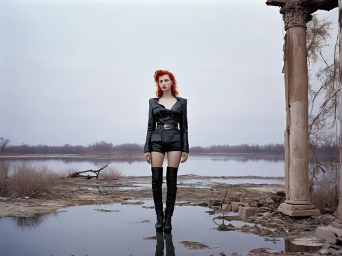 gothic fashion,gothic dress,gothic woman,streampunk,gothic portrait,goth woman,rusalka,lubitel 2,rubber boots,dark gothic mood,gothic,gothic style,girl on the river,knee-high boot,backwater,wasteland,latex clothing,perched on a log,redhead doll,submerged,Photography,Fashion Photography,Fashion Photography 20