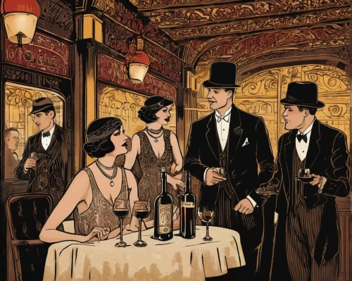 roaring twenties,absinthe,roaring 20's,bistrot,parisian coffee,twenties,twenties of the twentieth century,cabaret,paris cafe,drinking establishment,twenties women,apéritif,vaudeville,vintage illustration,1920s,gas lamp,aperitif,bartender,roaring twenties couple,bellboy,Illustration,Abstract Fantasy,Abstract Fantasy 10