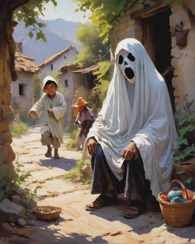 halloween ghosts,pilgrims,monks,church painting,trick-or-treat,grimm reaper,trick or treat,ghosts,pilgrim,et,halloween scene,the mother and children,human halloween,blessing of children,the ghost,village scene,pilgrimage,halloween illustration,halloween poster,mother with children,Conceptual Art,Oil color,Oil Color 09