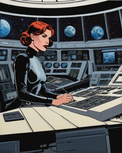 darth talon,sci fiction illustration,switchboard operator,women in technology,girl at the computer,control desk,computer room,telephone operator,night administrator,andromeda,earth station,valerian,planetarium,working space,copy space,astronomer,sci fi,spacesuit,cosmonautics day,cockpit,Illustration,American Style,American Style 05