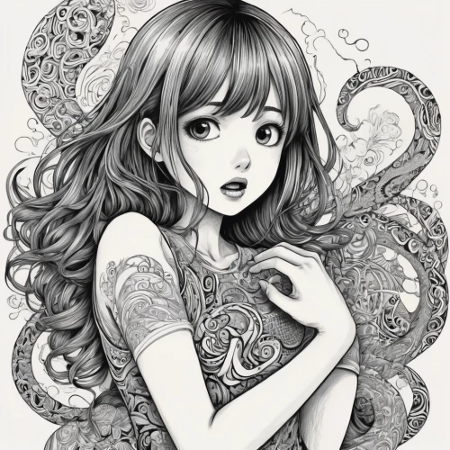 ammonite,nami,tentacle,tentacles,cephalopod,medusa,cnidaria,octopus tentacles,octopus,mermaid,cephalopods,lilikoi,paisley,jellyfish,silver octopus,girl with speech bubble,the sea maid,believe in mermaids,mermaid background,gorgon,Illustration,Black and White,Black and White 05