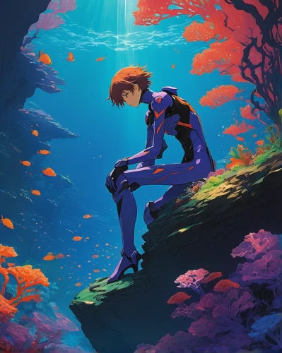 underwater background,coral guardian,aquanaut,evangelion,under the water,aquarium,chasm,ocean floor,sunken,sci fiction illustration,submerged,asuka langley soryu,rei ayanami,studio ghibli,brook,evangelion eva 00 unit,fallen colorful,scuba,underwater,under the sea,Art,Classical Oil Painting,Classical Oil Painting 14