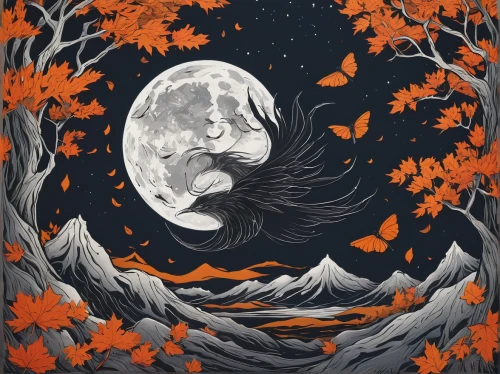 halloween illustration,halloween poster,birch tree illustration,halloween background,pumpkin autumn,moon phase,hanging moon,full moon day,halloween wallpaper,lunar phase,full moon,moonlit night,autumn theme,moonlit,moonbeam,super moon,lunar,the moon,autumn icon,mid-autumn festival,Illustration,Black and White,Black and White 12