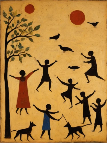 indigenous painting,folk art,aboriginal painting,emancipation,happy children playing in the forest,khokhloma painting,folk-dance,may day,birds in flight,spring equinox,dancers,women silhouettes,aboriginal culture,throwing leaves,aboriginal artwork,flying birds,first nation,indigenous culture,folk dance,children playing,Art,Artistic Painting,Artistic Painting 47