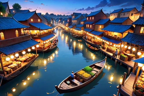 floating market,fishing village,floating huts,southeast asia,shanghai disney,suzhou,asian architecture,wooden boats,fishing boats,hoian,stilt houses,thailand,boat landscape,boat harbor,harbor,beautiful japan,thailad,colmar,wooden houses,canals,Anime,Anime,General