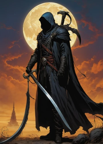 grimm reaper,scythe,grim reaper,reaper,hooded man,dance of death,heroic fantasy,swordsman,death god,swordsmen,quarterstaff,assassin,longbow,lone warrior,dark elf,massively multiplayer online role-playing game,angel of death,the wanderer,undead warlock,swordswoman,Illustration,American Style,American Style 02