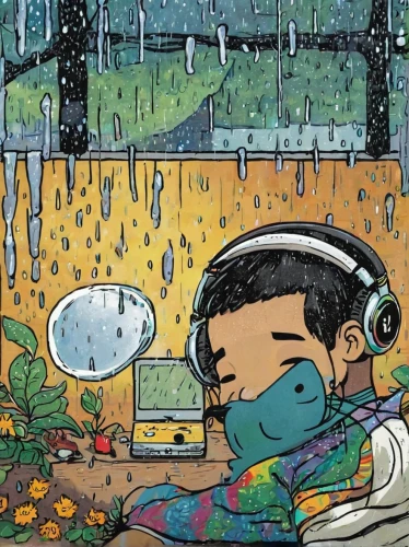 rainy,rainy day,rainy season,rain,raindops,in the rain,listening to music,rainy weather,rain field,rainstorm,dollar rain,thunderstorm mood,raining,raindrops,weather-beaten,rains,heavy rain,bowl of fruit in rain,raindrop,monsoon,Illustration,Children,Children 02