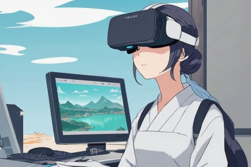 virtual world,virtual reality,vr,vr headset,virtual landscape,virtual reality headset,virtual,oculus,virtual identity,panoramical,digital nomads,first person,metaverse,immersion,game illustration,simulator,anime 3d,man with a computer,lan,distance-learning,Illustration,Japanese style,Japanese Style 06