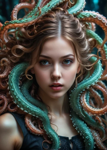 medusa,medusa gorgon,artificial hair integrations,green mermaid scale,gorgon,merfolk,cnidaria,mermaid background,mermaid,faery,mermaid vectors,tendrils,sea anemone,fairy peacock,mystical portrait of a girl,the sea maid,the enchantress,mermaid scale,photoshop manipulation,coils,Photography,General,Fantasy