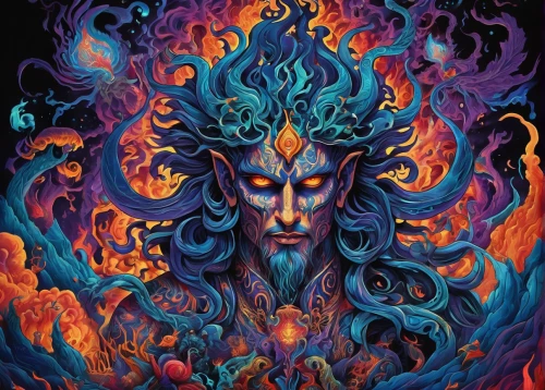 pagan,poseidon,shamanic,flame spirit,shiva,fire artist,medusa,shamanism,pillar of fire,mantra om,poseidon god face,psychedelic art,zodiac,death god,cauldron,shaman,aporia,sea god,fire mandala,fire background,Illustration,Realistic Fantasy,Realistic Fantasy 39