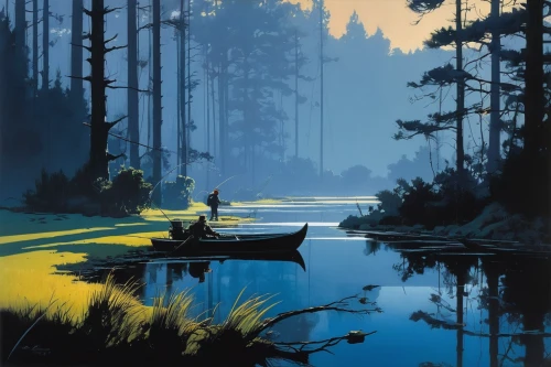 boat landscape,canoeing,fishermen,people fishing,fisherman,fishing float,evening lake,fishing camping,river landscape,backwater,forest landscape,canoe,fishing,backwaters,canoes,lakeside,bayou,rowboats,row boats,row of trees,Conceptual Art,Sci-Fi,Sci-Fi 23