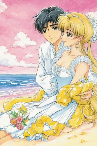 clamp,sun bride,wedding couple,young couple,wedding photo,bride and groom,beach background,romantic scene,silver wedding,prince and princess,wedding icons,honeymoon,playing in the sand,reizei,just married,married,idyll,romantic rose,golden weddings,anniversary 25 years,Illustration,Japanese style,Japanese Style 13