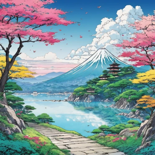 japan landscape,japanese sakura background,sakura background,japanese mountains,studio ghibli,landscape background,sakura trees,japan,japanese floral background,japanese background,mountain scene,japanese alps,beautiful japan,japanese art,sakura tree,mountain landscape,fuji,tsukemono,芦ﾉ湖,kyoto,Illustration,Japanese style,Japanese Style 04