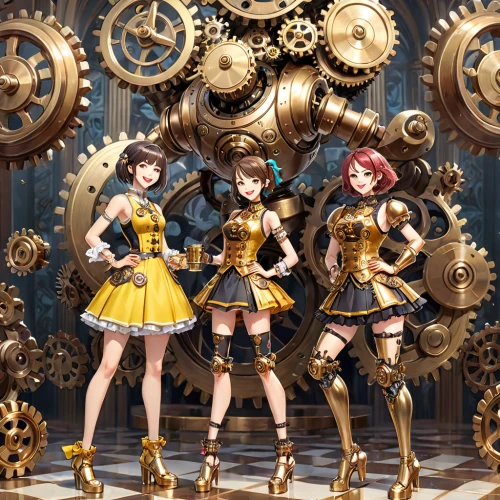 steampunk gears,steampunk,clockwork,clockmaker,cogs,fashion dolls,cog,gears,wood angels,gold shop,designer dolls,mechanical,perfume,workers,dream factory,yellow machinery,trio,transistor,euphonium,gearbox,Anime,Anime,General