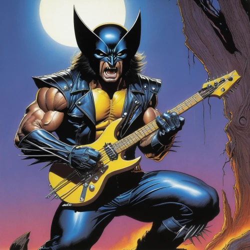 wolverine,thundercat,wolfman,blue demon,electric guitar,ibanez,thrash metal,rocker,epiphone,guitor,rock 'n' roll,guitar solo,rock'n roll,guitar player,guitarist,black cat,jackal,guitar,rock and roll,wall,Illustration,American Style,American Style 07