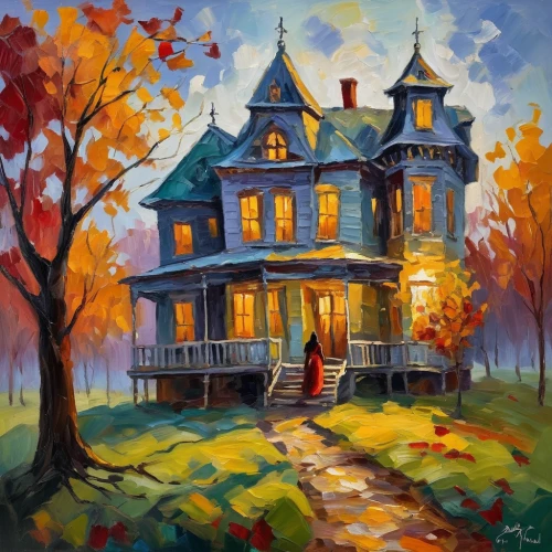 house painting,cottage,victorian house,house in the forest,fall landscape,summer cottage,witch's house,the haunted house,country cottage,haunted house,home landscape,lonely house,little house,autumn landscape,two story house,house silhouette,victorian,halloween scene,old house,country house,Conceptual Art,Oil color,Oil Color 22