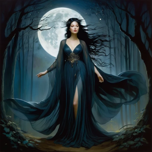 gothic woman,queen of the night,blue enchantress,sorceress,vampire woman,the enchantress,lady of the night,vampire lady,moonlit night,fantasy picture,celebration of witches,moonlit,gothic portrait,full moon day,gothic dress,full moon,dance of death,faerie,blue moon,mystical portrait of a girl,Illustration,Realistic Fantasy,Realistic Fantasy 16