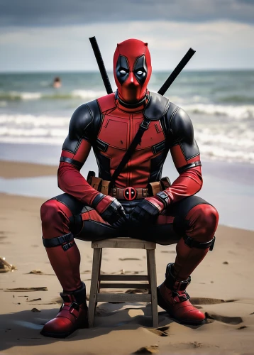 deadpool,dead pool,the suit,daredevil,suit actor,crossbones,red super hero,digital compositing,wetsuit,the beach fixing,cross legged,cosplay image,seated,chimichanga,chair png,manly,photoshop manipulation,sea devil,beach toy,man on a bench,Conceptual Art,Oil color,Oil Color 11