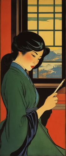 olle gill,cool woodblock images,art deco woman,travel poster,japanese woman,the girl at the station,woman holding a smartphone,woodblock prints,woman thinking,italian poster,woman holding pie,woman sitting,woman at cafe,vintage illustration,shirakami-sanchi,the girl studies press,mari makinami,woman silhouette,girl at the computer,shinkansen,Illustration,Japanese style,Japanese Style 21