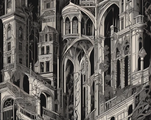 gothic architecture,escher,chrysler building,townscape,detail shot,city scape,medieval architecture,landmarks,city buildings,milan cathedral,florence cathedral,buttress,duomo,tall buildings,metropolis,city blocks,cityscape,gaudí,buildings,book illustration,Illustration,Retro,Retro 08