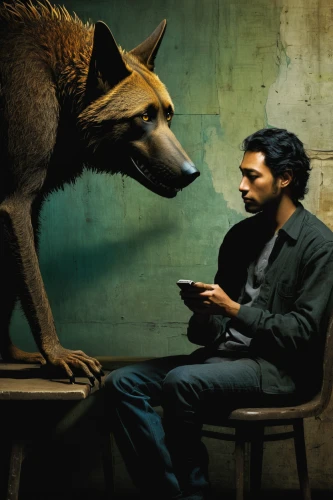 human and animal,two wolves,conceptual photography,photo manipulation,wolves,photoshop manipulation,companion dog,photomanipulation,wolf,conversation,psychotherapy,boy and dog,street dogs,storytelling,wolf bob,stray dogs,the listening,the integration of social,social media addiction,the dog,Illustration,Realistic Fantasy,Realistic Fantasy 29
