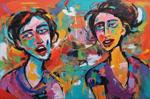 two girls,two people,faces,multicolor faces,paintings,woman thinking,split personality,young couple,expressions,heads,women at cafe,young women,girl in a long,dancing couple,gemini,oil on canvas,woman face,depressed woman,woman hanging clothes,man and woman,Conceptual Art,Oil color,Oil Color 20