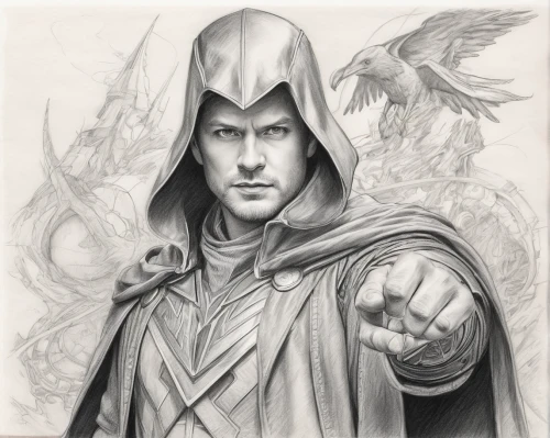 lokportrait,vax figure,hooded man,archangel,the archangel,prejmer,pencil drawing,pencil art,graphite,merlin,pencil and paper,pencils,wizard,dodge warlock,pencil drawings,falcon,magus,fantasy portrait,magneto-optical drive,fantasy art,Illustration,Black and White,Black and White 30