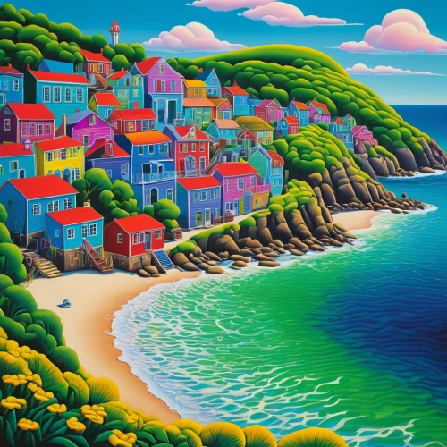 seaside resort,colorful city,beach huts,fishing village,coastal landscape,escher village,seaside country,seaside view,beach landscape,beach hut,italian painter,seaside,aurora village,resort town,carol colman,bora french,popeye village,liguria,parga,saint-martin,Conceptual Art,Daily,Daily 19