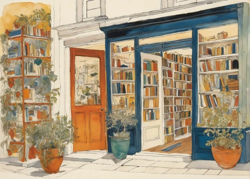 bookshop,watercolor shops,watercolor paris shops,bookstore,book store,watercolor paris balcony,watercolor tea shop,watercolor paris,flower shop,watercolor cafe,apothecary,notting hill,athenaeum,bookselling,french windows,arles,storefront,facade painting,giverny,blue door,Illustration,Retro,Retro 21