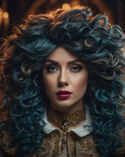 victorian lady,blue peacock,blue enchantress,miss circassian,artificial hair integrations,gypsy hair,vintage woman,fantasy portrait,blue hair,cleopatra,mystical portrait of a girl,lace wig,hair coloring,mazarine blue,gothic portrait,painted lady,color turquoise,hairdressing,transistor,woman portrait,Photography,General,Fantasy