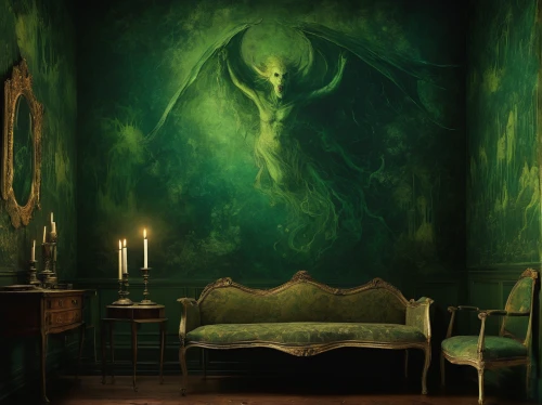 absinthe,green dragon,the little girl's room,wall decoration,bedroom,bram stoker,wall decor,sleeping room,green wallpaper,four poster,fantasy picture,guest room,danish room,children's bedroom,guestroom,one room,lucifer,blue room,emerald,witch house,Art,Classical Oil Painting,Classical Oil Painting 44