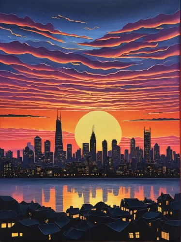 skyline,chicago skyline,city skyline,san diego skyline,cityscape,sydney skyline,oil painting on canvas,dusk,new york skyline,painting technique,bombay,manhattan skyline,oil on canvas,dusk background,skyscrapers,rising sun,san francisco,coast sunset,glass painting,sunset,Illustration,Realistic Fantasy,Realistic Fantasy 11