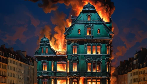 city in flames,fire disaster,fire background,burned down,the conflagration,burning house,montreal,notredame de paris,dragon palace hotel,fire ladder,magic castle,notre dame,quebec,fire damage,fire escape,sweden fire,st-denis,grand hotel,french building,toulouse,Art,Artistic Painting,Artistic Painting 34