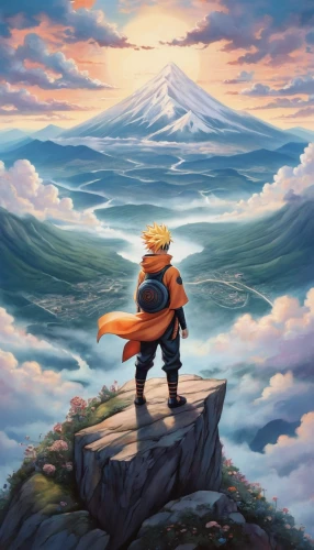 above the clouds,cloud mountain,mountain guide,adventurer,sea of clouds,mountain world,explorer,naruto,traveler,hiker,the spirit of the mountains,journey,would a background,meteora,the wanderer,boruto,fall from the clouds,cg artwork,wanderer,pilgrimage,Illustration,Abstract Fantasy,Abstract Fantasy 11