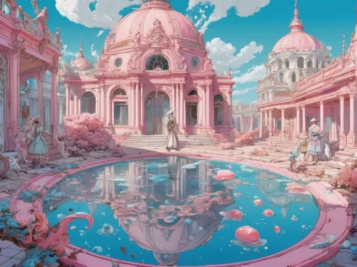 pink city,temples,marble palace,secret garden of venus,fantasy world,3d fantasy,fantasy city,fairy world,dream world,wishing well,pink elephant,utopian,fantasy landscape,valerian,forbidden palace,fantasy picture,rem in arabian nights,baroque,shirakami-sanchi,acid lake,Conceptual Art,Fantasy,Fantasy 24