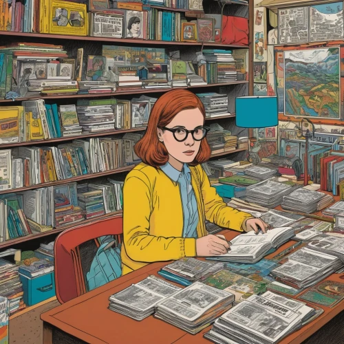 librarian,bookstore,bookshop,bookselling,book store,sci fiction illustration,record store,watercolor shops,book illustration,bookworm,the girl studies press,shopkeeper,books pile,women's novels,girl studying,girl at the computer,studio ghibli,cashier,books,bookkeeper,Illustration,American Style,American Style 15
