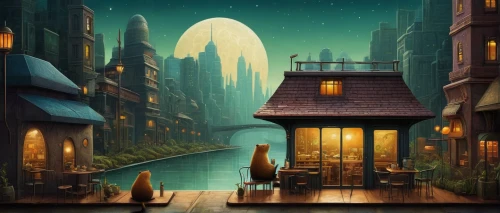 sci fiction illustration,fantasy picture,fantasy city,night scene,fantasy landscape,aurora village,3d fantasy,world digital painting,fantasy art,lamplighter,evening atmosphere,game illustration,musical background,home landscape,houses silhouette,dream world,fantasy world,lostplace,wooden houses,city scape,Illustration,Abstract Fantasy,Abstract Fantasy 19