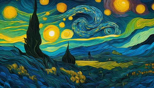 vincent van gough,starry night,vincent van gogh,night scene,moon valley,space art,post impressionism,nothern lights,psychedelic art,motif,tapestry,glass painting,swirling,the northern lights,art background,background abstract,mushroom landscape,fabric painting,oil painting on canvas,background pattern,Art,Artistic Painting,Artistic Painting 03