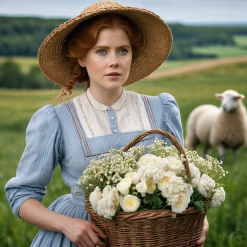 woman of straw,british actress,flowers in basket,suffragette,the hat of the woman,milkmaid,holding flowers,flowers of the field,mrs white,busy lizzie,woman's hat,beautiful bonnet,downton abbey,farm girl,suitcase in field,jane austen,the victorian era,woolflowers,laundress,margaret,Photography,General,Natural