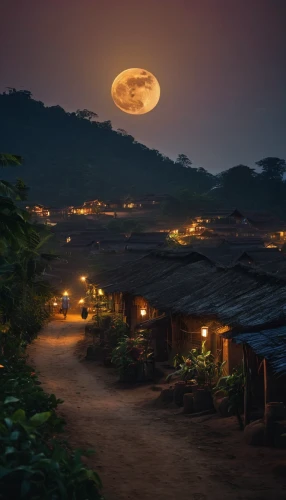 moonlit night,korean folk village,mid-autumn festival,night scene,vietnam,moon valley,hanok,moonrise,moonlit,moon at night,cameroon,human settlement,full moon,mountain village,southeast asia,south korea,fishing village,lanterns,village life,rwanda,Photography,General,Cinematic