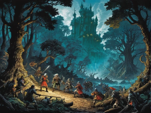 the pied piper of hamelin,druid grove,the night of kupala,elven forest,druids,forest workers,heroic fantasy,enchanted forest,fantasy picture,jrr tolkien,holy forest,forest of dreams,hobbit,pilgrims,forest glade,the forest,hunting scene,guards of the canyon,devilwood,the forests,Conceptual Art,Sci-Fi,Sci-Fi 18
