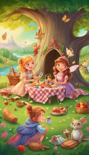 acerola family,fairy world,fairy forest,picnic,children's background,children's fairy tale,game illustration,fairy village,tea party,fairies,fairy tale character,picnic basket,apple orchard,kids illustration,alice in wonderland,fairies aloft,family picnic,fairytale characters,vintage fairies,tea party collection,Illustration,Realistic Fantasy,Realistic Fantasy 02