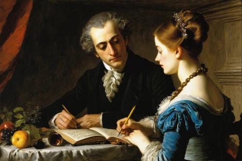 young couple,woman holding pie,courtship,tutor,woman eating apple,meticulous painting,children studying,franz winterhalter,romantic portrait,man and wife,table artist,child writing on board,painting,girl studying,father with child,hand with brush,piano lesson,to write,autograph,painting technique,Art,Classical Oil Painting,Classical Oil Painting 09