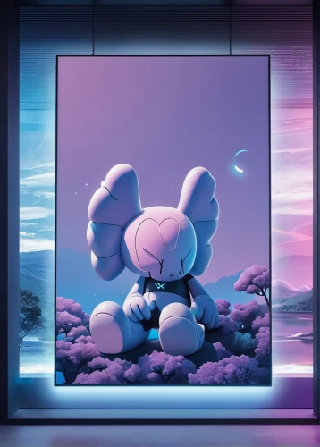 dusk background,teddy bear waiting,soft robot,3d teddy,blue room,marshmallow,night glow,frame mockup,window to the world,shop-window,cloud mushroom,skyflower,big window,display window,cyan,cube background,store front,art background,deco bunny,portrait background,Conceptual Art,Sci-Fi,Sci-Fi 10