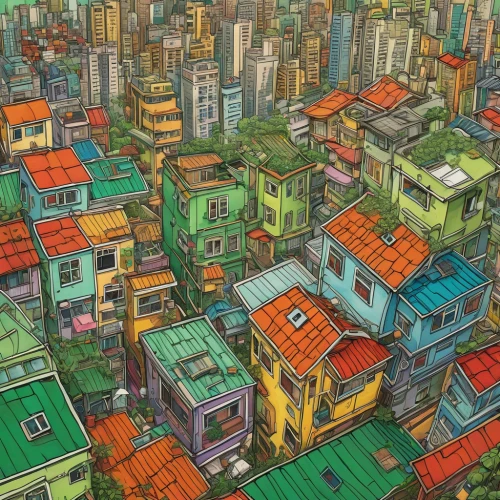 colorful city,kowloon city,urbanization,city blocks,blocks of houses,metropolises,slum,bangkok,kowloon,slums,hanoi,city buildings,cityscape,roofs,hong kong,buildings,cities,row of houses,taipei,city cities,Illustration,Realistic Fantasy,Realistic Fantasy 04
