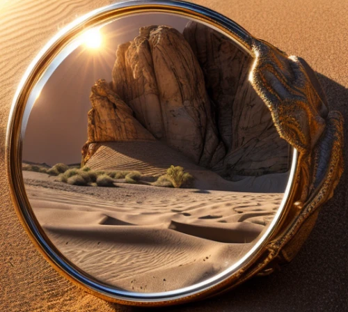 crystal ball-photography,parabolic mirror,capture desert,porthole,magic mirror,lensball,lens reflection,mirror in a drop,magnify glass,mirror reflection,automotive mirror,self-reflection,reflect,icon magnifying,wood mirror,mirror frame,door mirror,automotive side-view mirror,magnifying lens,reflection,Realistic,Movie,Desert Adventure