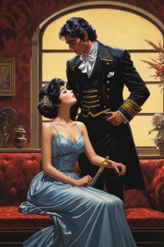 romance novel,courtship,romantic portrait,young couple,serenade,orientalism,robert harbeck,amorous,vintage man and woman,the victorian era,cinderella,man and wife,la violetta,vintage art,romantic scene,aristocrat,masquerade,roaring twenties couple,packard patrician,ballroom dance,Illustration,Retro,Retro 14