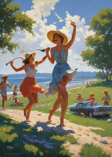 children playing,summer day,people on beach,dancers,square dance,girl picking flowers,woman playing,happy children playing in the forest,1940 women,woman playing violin,khokhloma painting,woman playing tennis,promenade,little girl twirling,luau,children play,woman pointing,folk-dance,pilgrims,beach landscape,Illustration,Retro,Retro 14