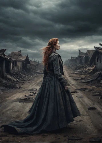 desolation,photo manipulation,photomanipulation,celtic woman,desolate,apocalyptic,post-apocalyptic landscape,merida,girl walking away,dance of death,conceptual photography,digital compositing,still transience of life,road forgotten,wasteland,fantasy picture,gothic woman,photoshop manipulation,the fallen,image manipulation,Photography,Documentary Photography,Documentary Photography 27