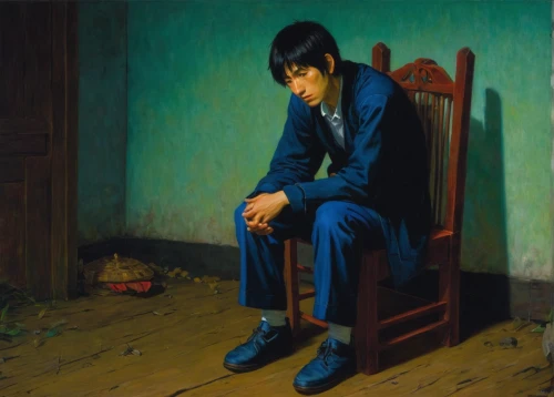 man praying,boy praying,shoeshine boy,blue shoes,lonely child,luo han guo,woman sitting,depressed woman,child is sitting,men sitting,tie shoes,half-mourning,to be alone,holding shoes,thinking man,sorrow,rou jia mo,kneeling,crying man,orlovsky,Art,Classical Oil Painting,Classical Oil Painting 16